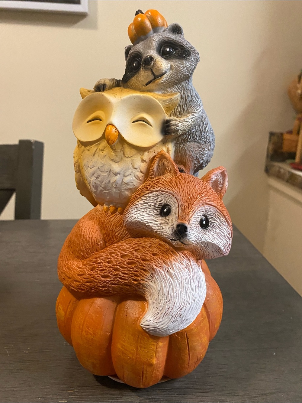 Whimsical Fox, Owl & Raccoon Pumpkin Stack Home Accent